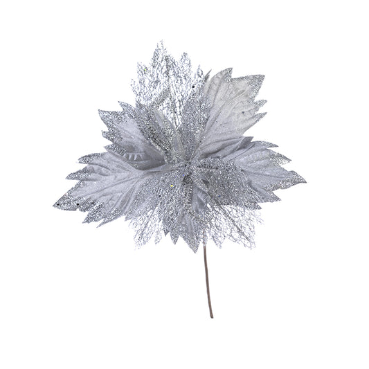 Floare decorativa pentru Craciun  cu glitter, Argintie