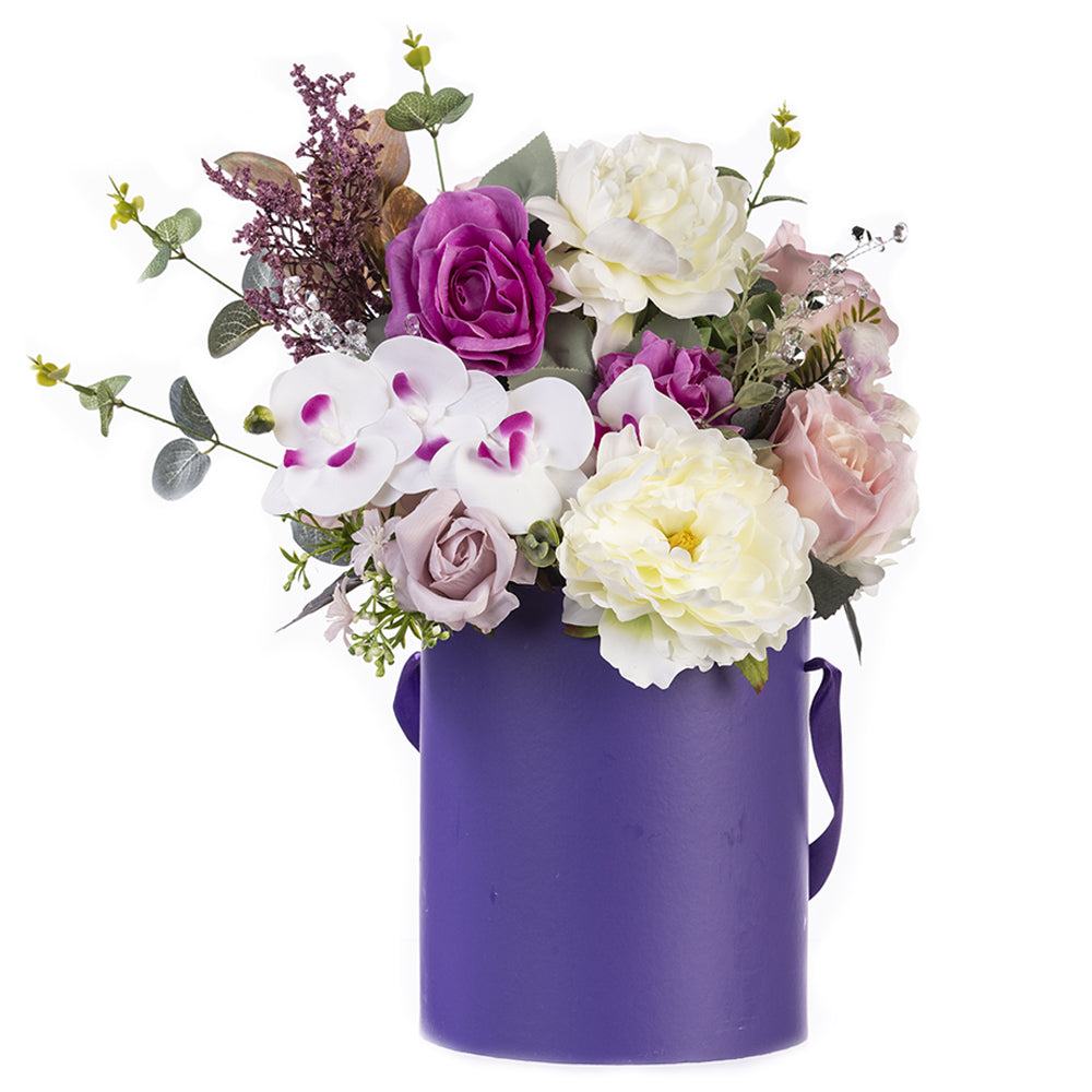 Aranjament floral, cutie rotunda cu flori artificiale