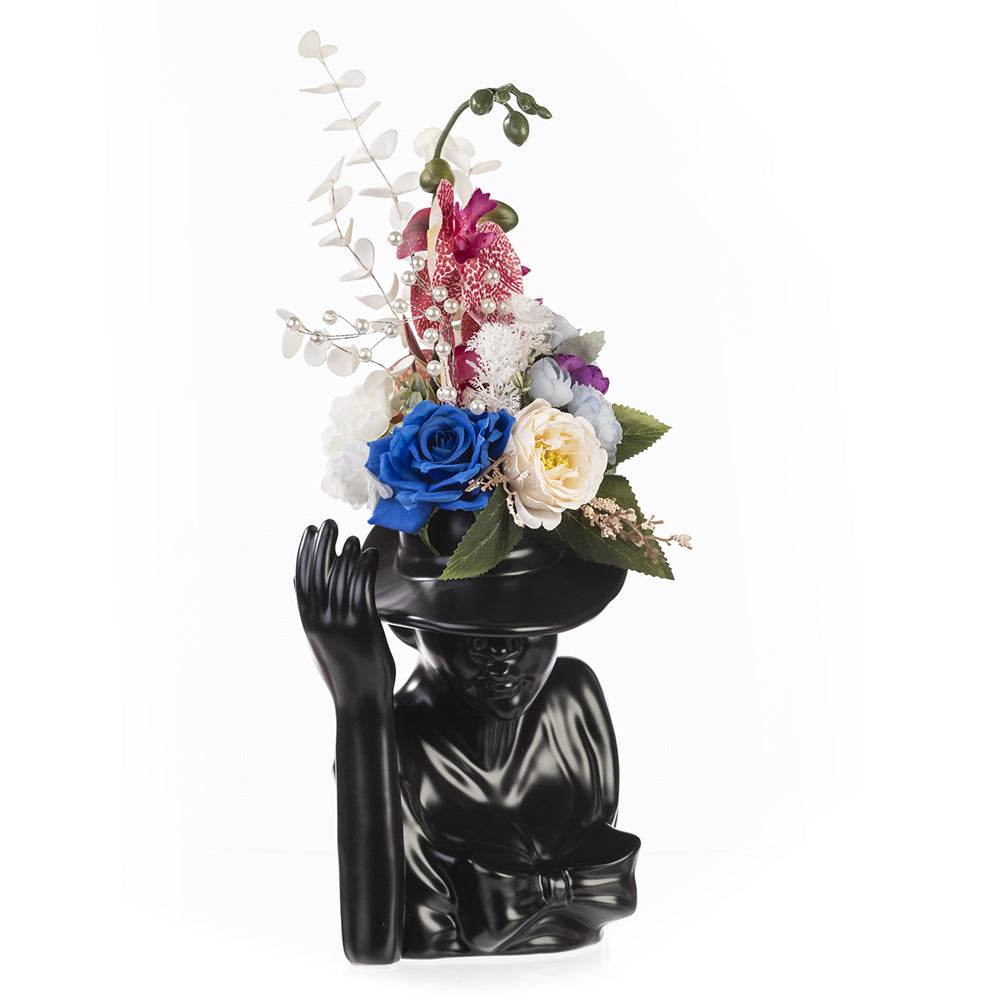 Aranjament floral, statueta femeie din ceramica, neagra
